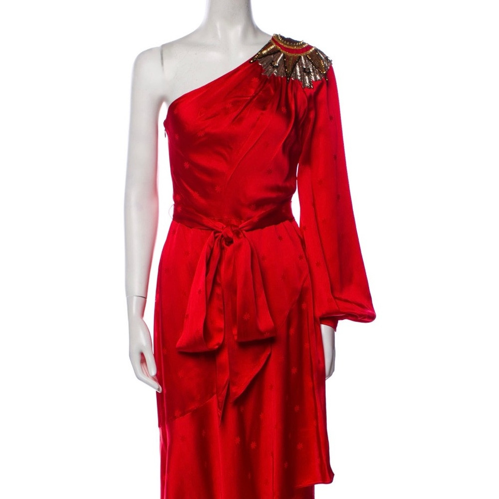 Temperley London Scarlet One Shoulder Dress with Gold Detail - Picture 2 of 8